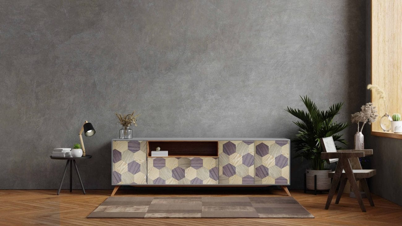 Brendësia e dhomës së ndenjes ka dollap për TV në dhomë prej çimentoje me kondicioner